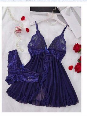 New Medium Nightie Teddy Sexy Adult Lingerie Blue Purple Lace Thong Set
